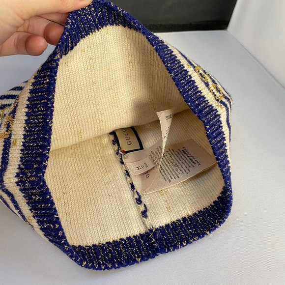 Gucci Knit Beanie in Blue and Ivory with Gold Lamé - Picture 5 of 6